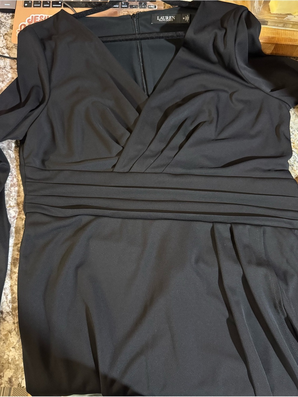 Ralph Lauren Black Long Sleeve V-Neck Pleated Waist Dress